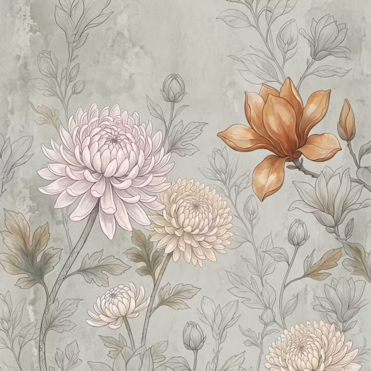 Tapete - Illustration - Blumen - Grün