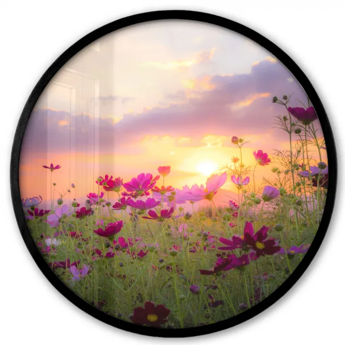 Bloemen - Roze - Zonsondergang - Natuur - Weide - Horizon Fotolijst rond zonder passe partout klein -3d