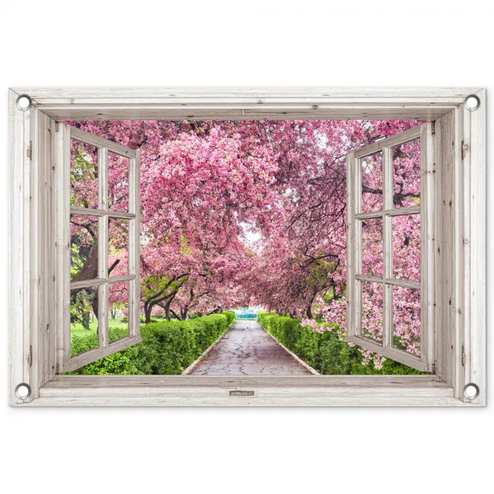 Uitzicht op Bloeiende Kersenbomen tuinposter los doek klein -3d