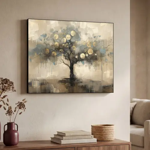 Beige - Abstract - Boom - Goud Textielframe zwart klein -sfeer3
