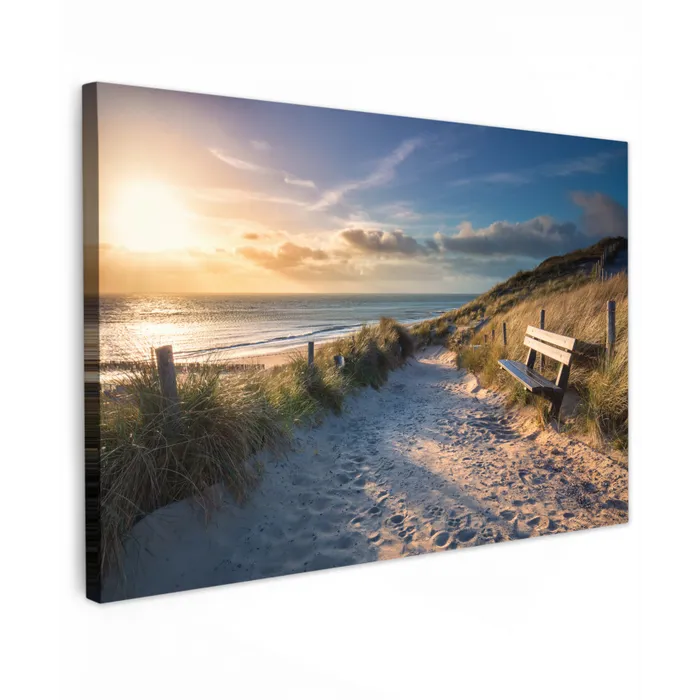 Zonsondergang - Strand - Duin - Gras - Bank Tuinposter op houten frame 2 cm dik klein -3d