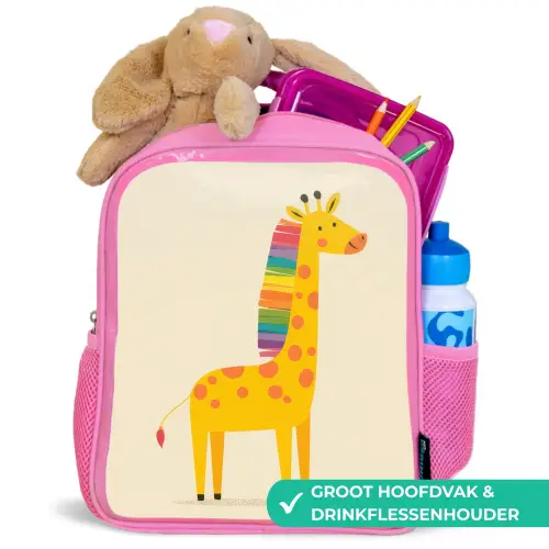 Giraffe - Regenboogmanen - Beige Kinderrugzak - Roze middel -inhoud_NL