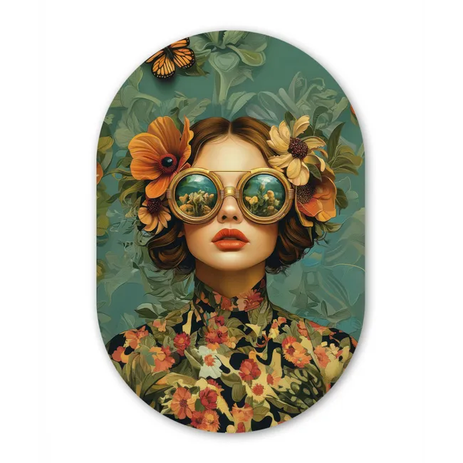 Muurovaal - Vrouw - Bloemen - Vlinders - Natuur - Vintage