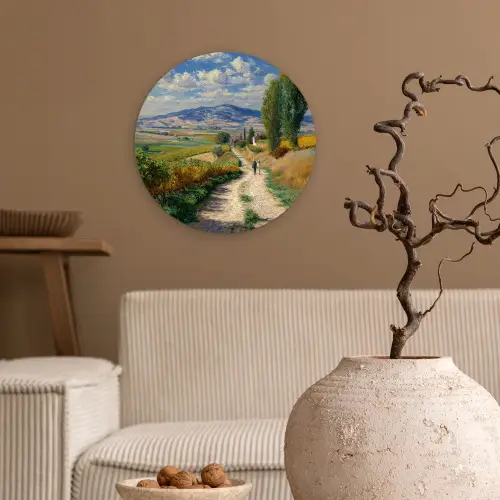 Mensen - Wandelen - Zandpad - Velden Wandcirkel kunststof plaat 5mm dik klein -sfeer1