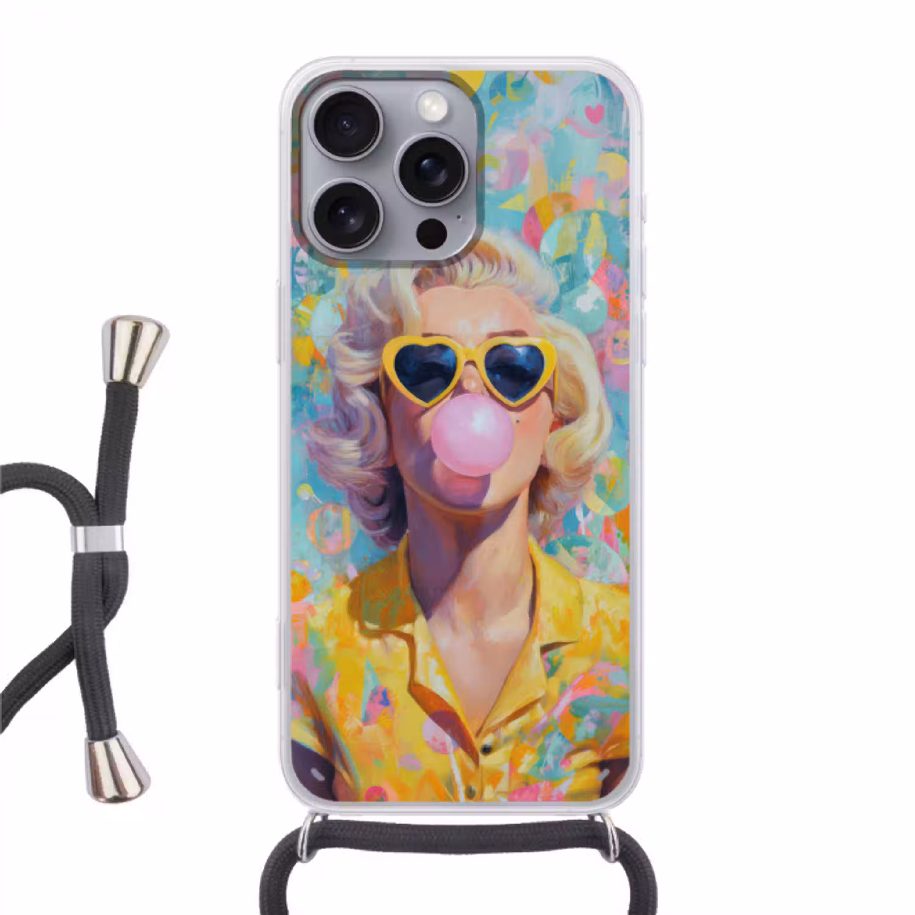 Vrouw - Blond - Roze kauwgom - Kleurrijk - Pastel Hoesje iPhone 16 Pro Max met koord klein -3d