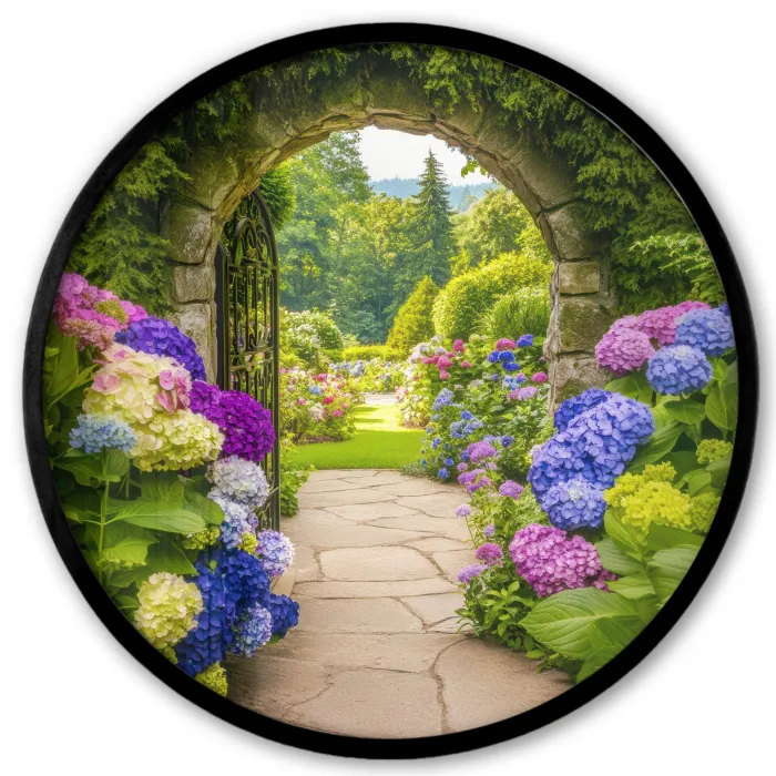 Doorkijk - Poort - Hortensia - Bloementuin Fotolijst rond zonder passe partout klein -3d