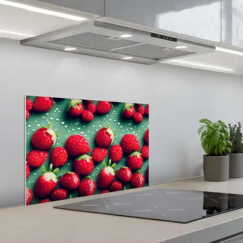 Aardbeien - Rood - Groen - Kroontjes keuken achterwand spatscherm klein 900 -3d_schuin