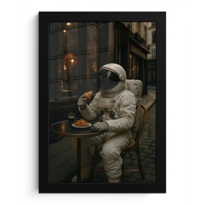 Café - Croissant - Koffie - Astronaut fotolijst zwart zonder passe partout klein -3d