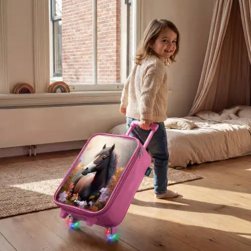 Bruin paard in de herfst Kinderkoffer - Roze klein -sfeer1