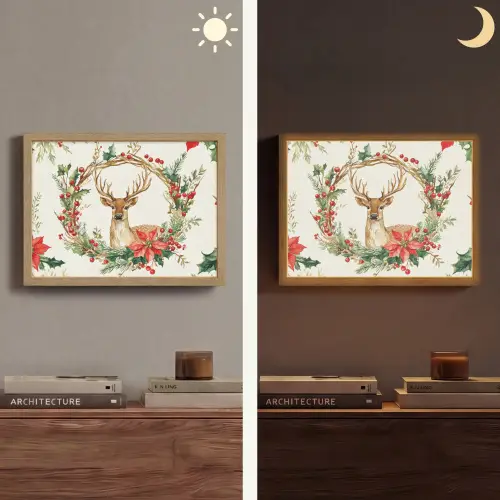 Kerstkrans - Hert - Hulst - Rood Light Box met batterij (Wandlamp) middel -sfeer3