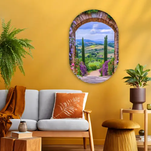Doorkijk - Toscane - Landschap - Poort Wandcirkel Ovaal Glas middel -sfeer4
