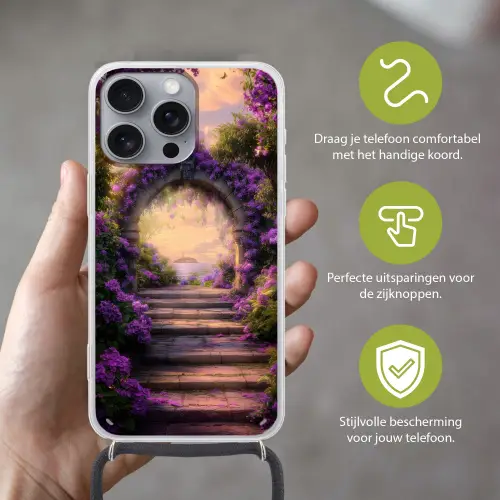 Poort - Paars - Bloemen Hoesje iPhone 16 Pro Max met koord klein -sfeer2_NL