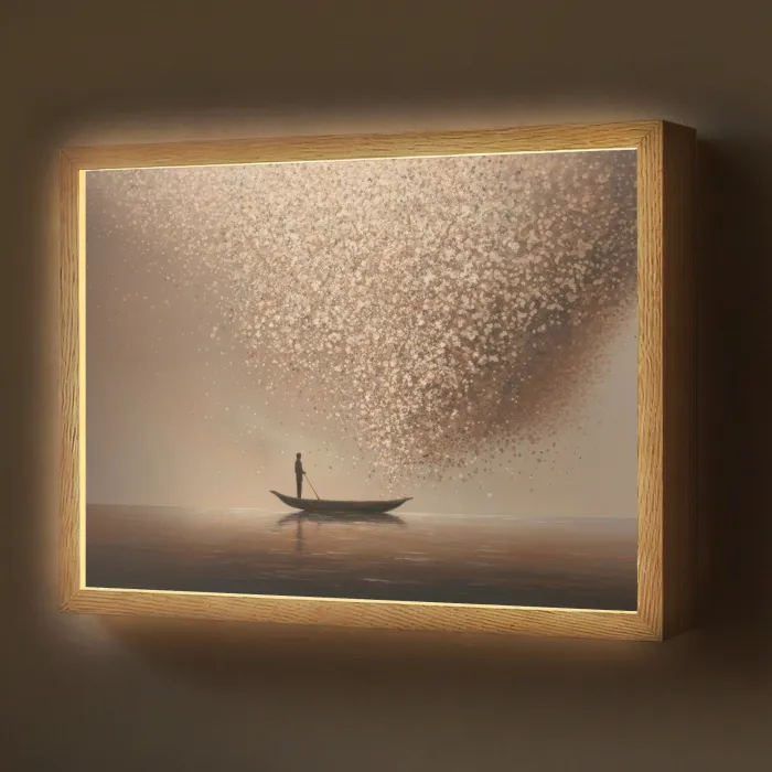 Bootje - Blaadjes - Goud - Water Light Box met batterij (Wandlamp) middel -z3d_website