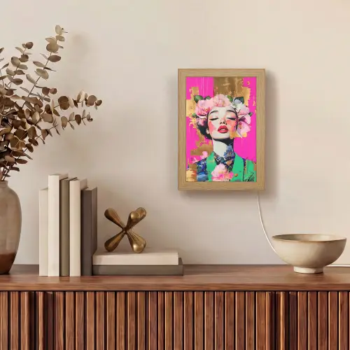 Bloemenkroon - Goud - Vrouw - Portret Light Box met kabel (Tafellamp) klein -sfeer2