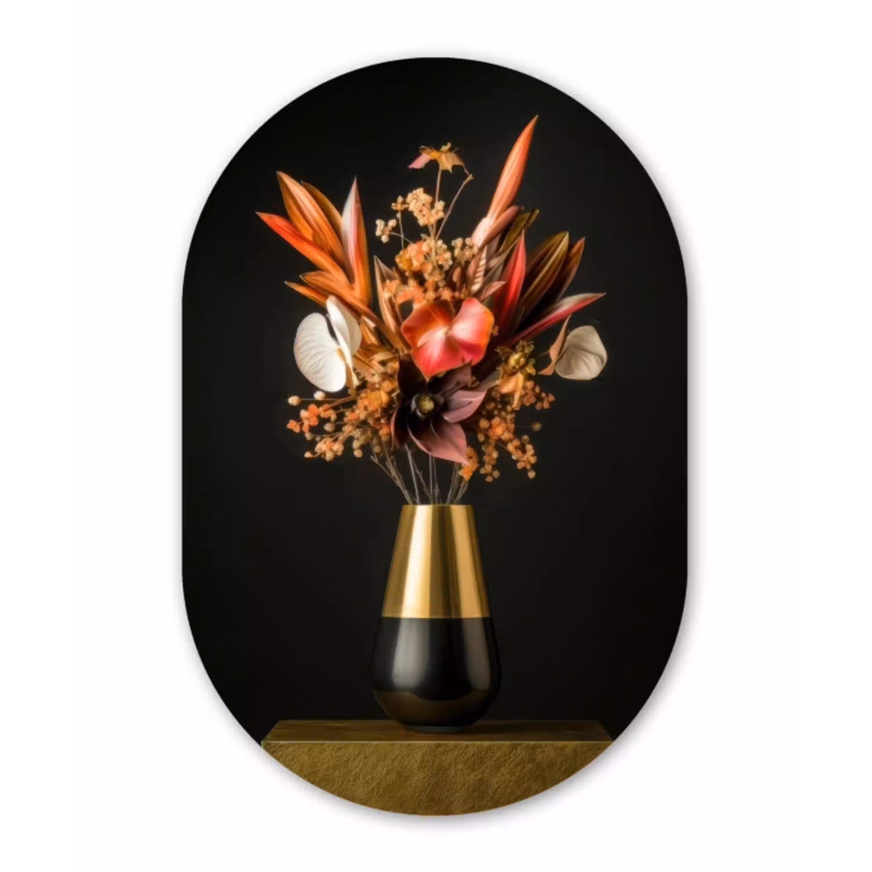 Exotisch - Boeket - Vaas - Goud Wandcirkel Ovaal Glas middel -3d