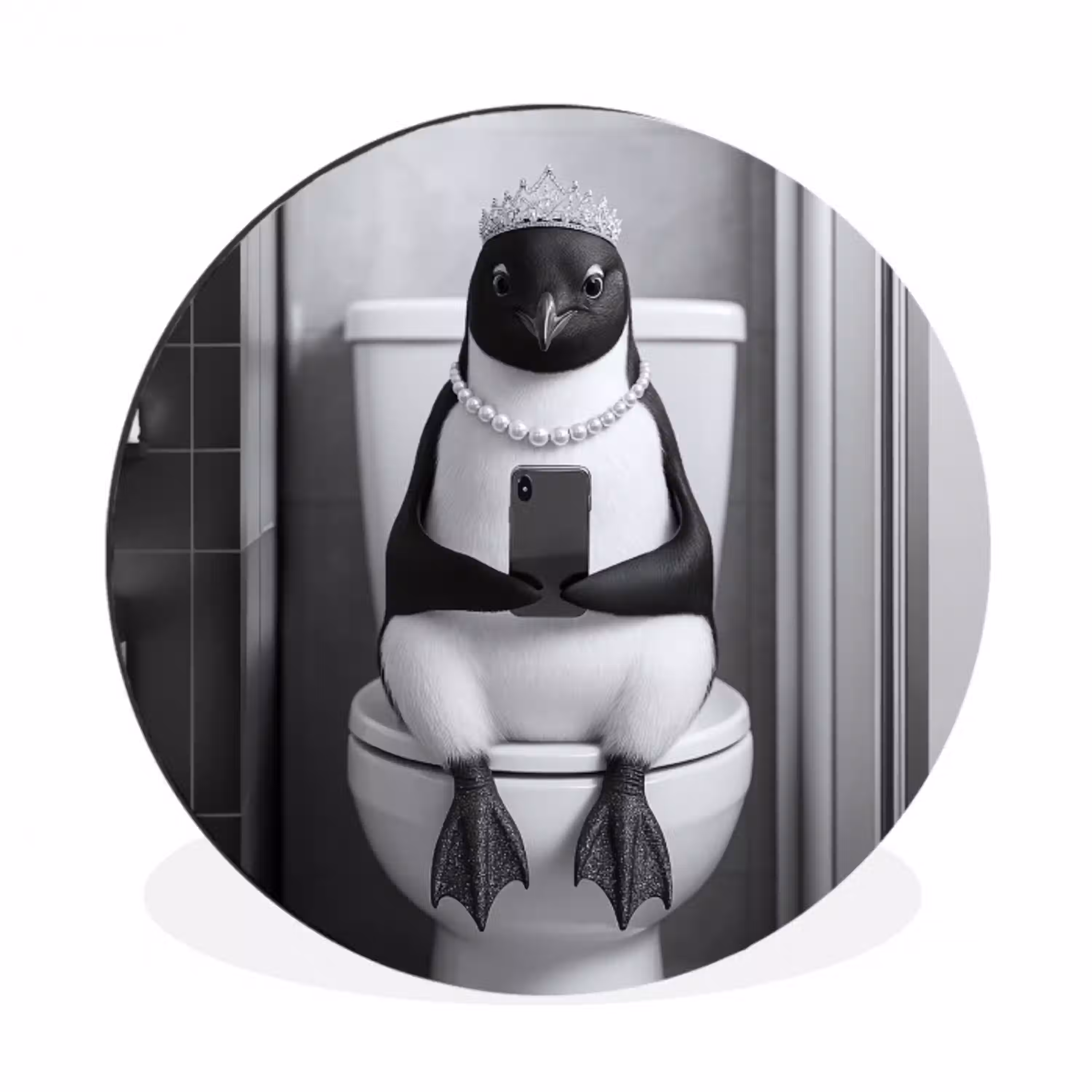 Pinguïn - Telefoon - Toilet - Zwart - Wit Wandcirkel aluminium klein -3d