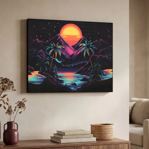 Palmbomen - Neonbergen - Sterrenhemel - Zon Textielframe zwart klein -sfeer3