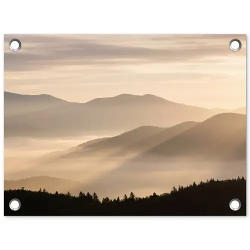 Bergen - Mist - Zonnestralen tuinposter los doek klein -3d