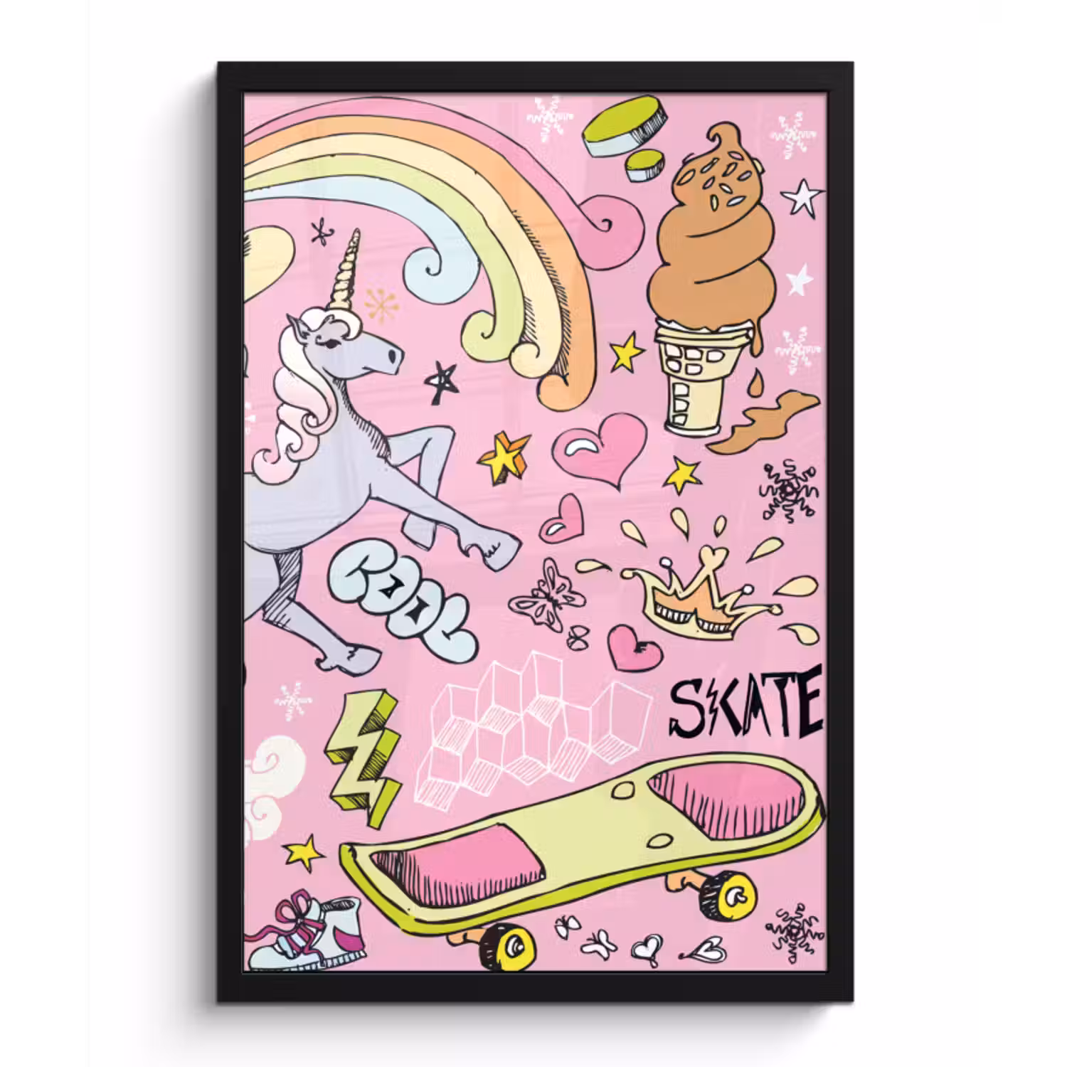 Poster met lijst - Meisjes - Design - Unicorn - Regenboog - Roze