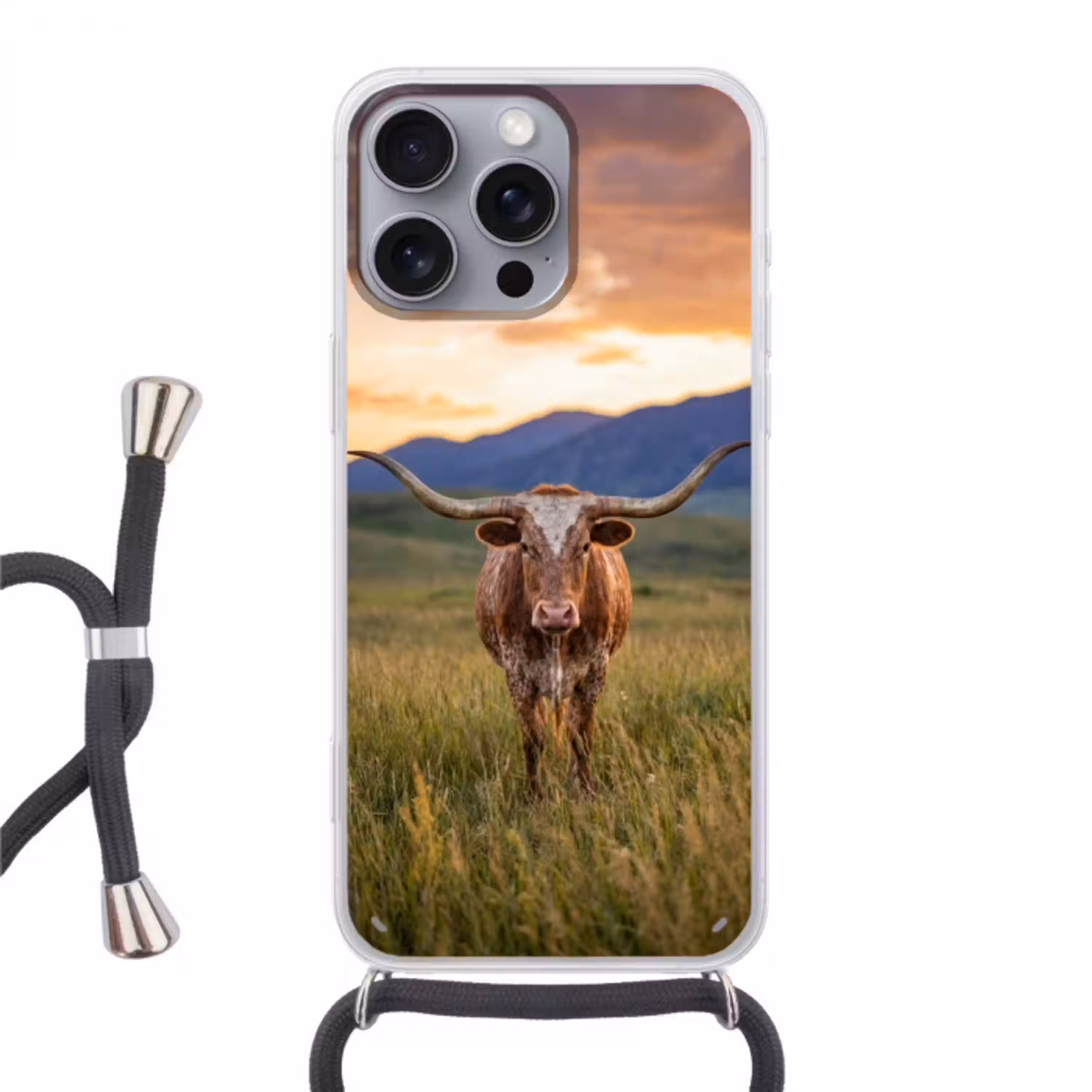 Longhorn - Landschap - Zonsondergang Hoesje iPhone 16 Pro Max met koord klein -3d