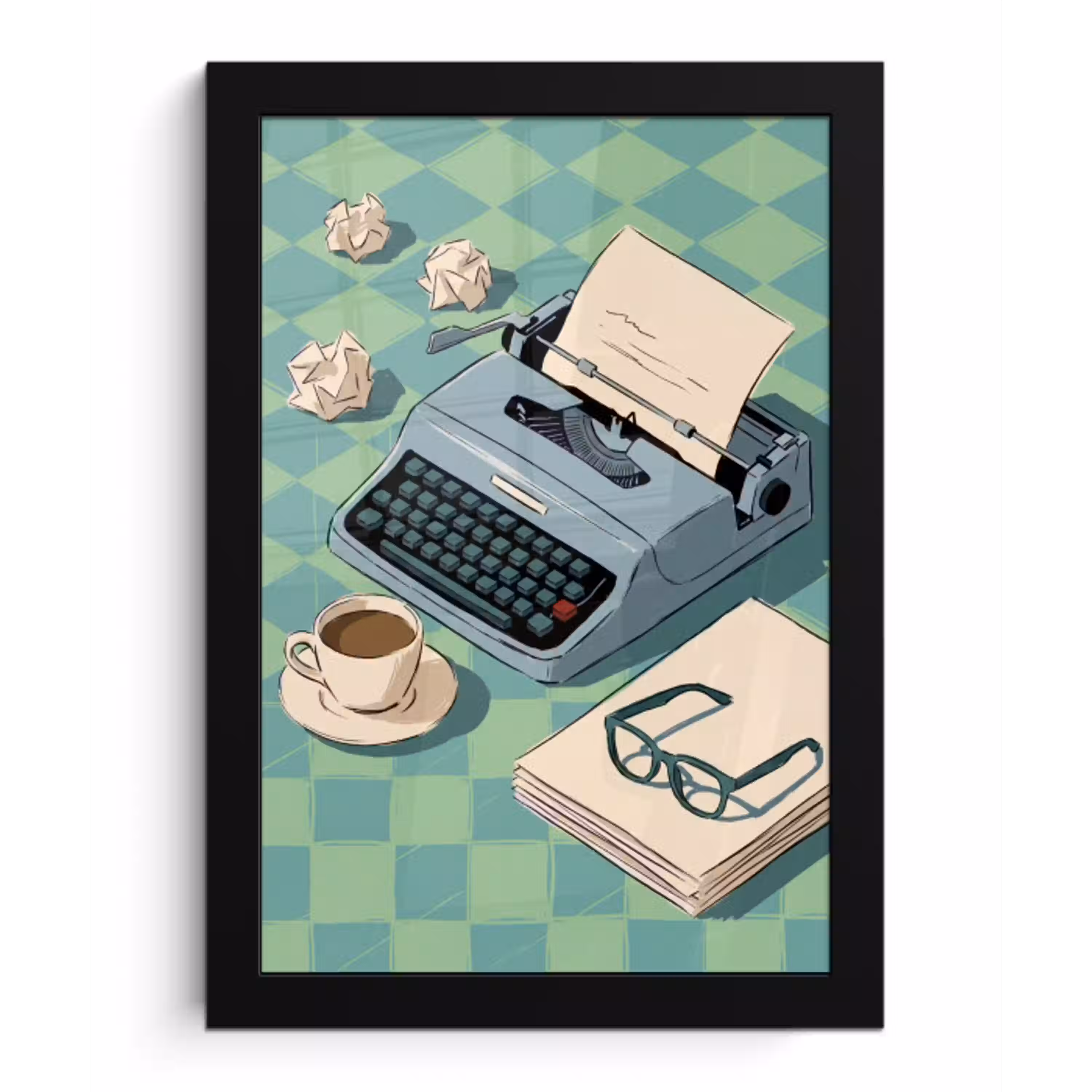 Typemachine - Kantoor - Vintage - Illustratie - Groen fotolijst zwart zonder passe partout klein -3d
