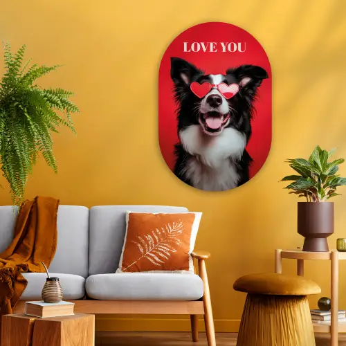 Hond - Hartjesbril - Loveyou - Rood Wandcirkel Ovaal Glas middel -sfeer4