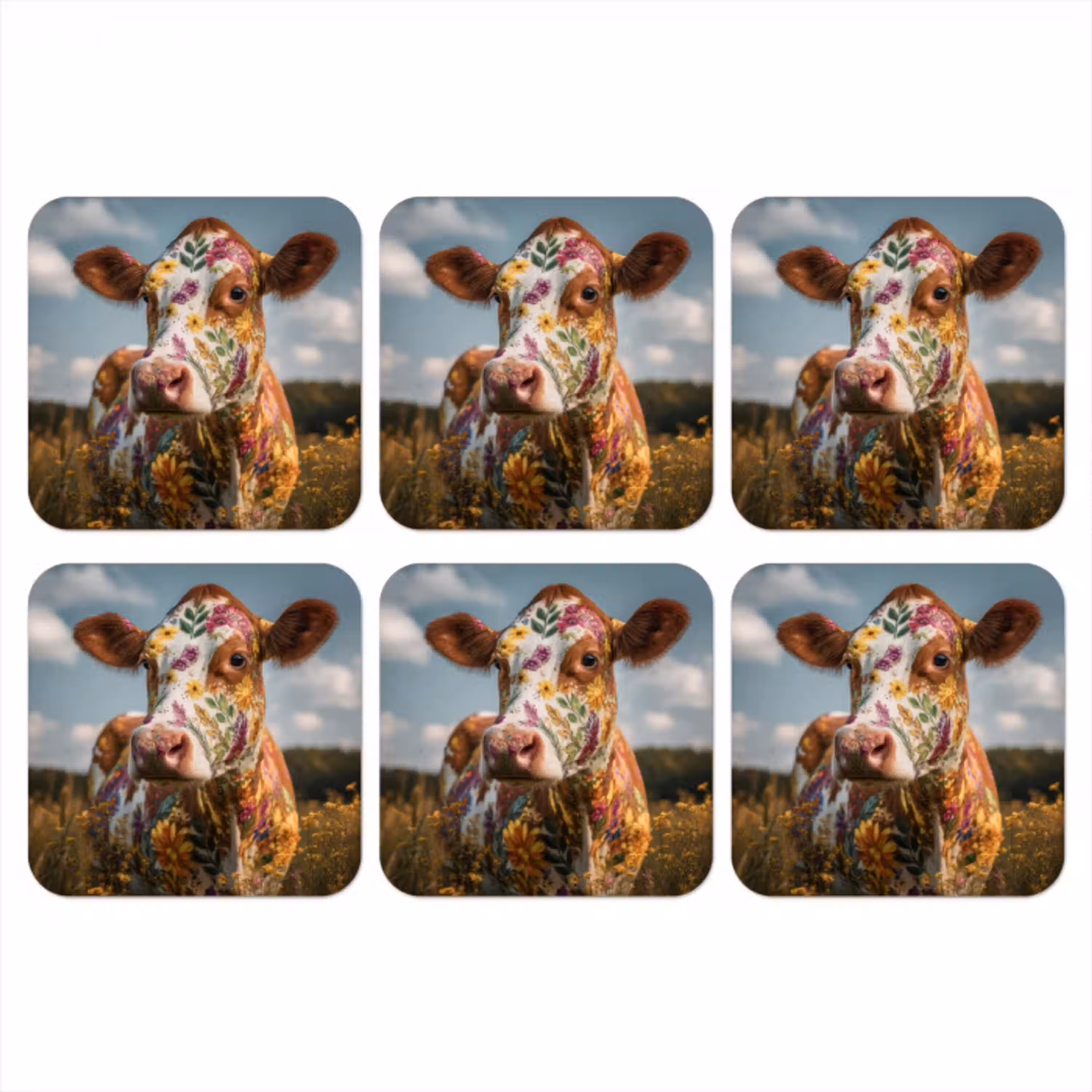 Koe - Bloemen - Weiland onderzetter kurk middel -3d