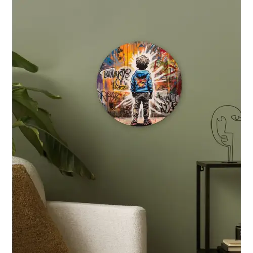 Graffiti - Jongen - Kleuren - Kunst - Street Art Wandcirkel kunststof plaat 5mm dik klein -sfeer3