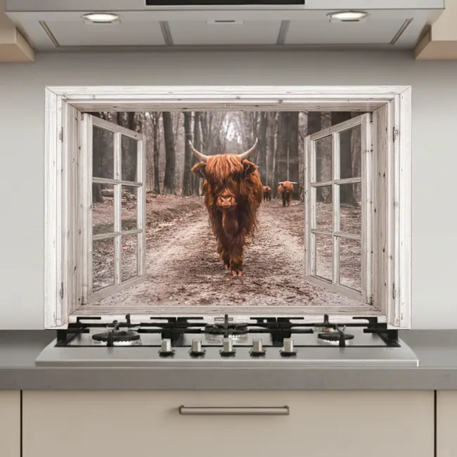 Doorkijk - Schotse Hooglander - Raam keuken achterwand spatscherm klein -3d_website