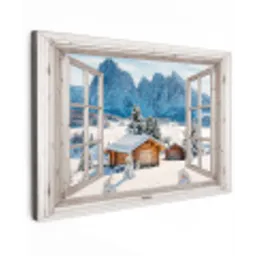 Winterlandschap - Huisje - Bergen - Uitzicht - Doorkijk - Natuur Tuinposter op houten frame 2 cm dik klein -3d