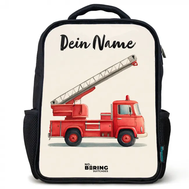 Kinderrucksack mit Namen - Schwarz - Feuerwehrauto - Signiert - Rot