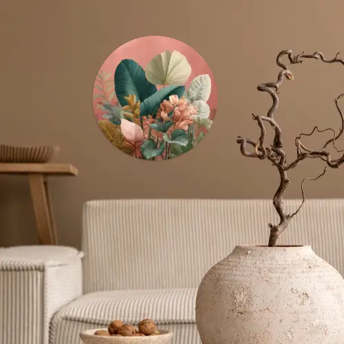 Tropische bladeren - Bloemen - Roze - groen Wandcirkel behangsticker klein -sfeer1