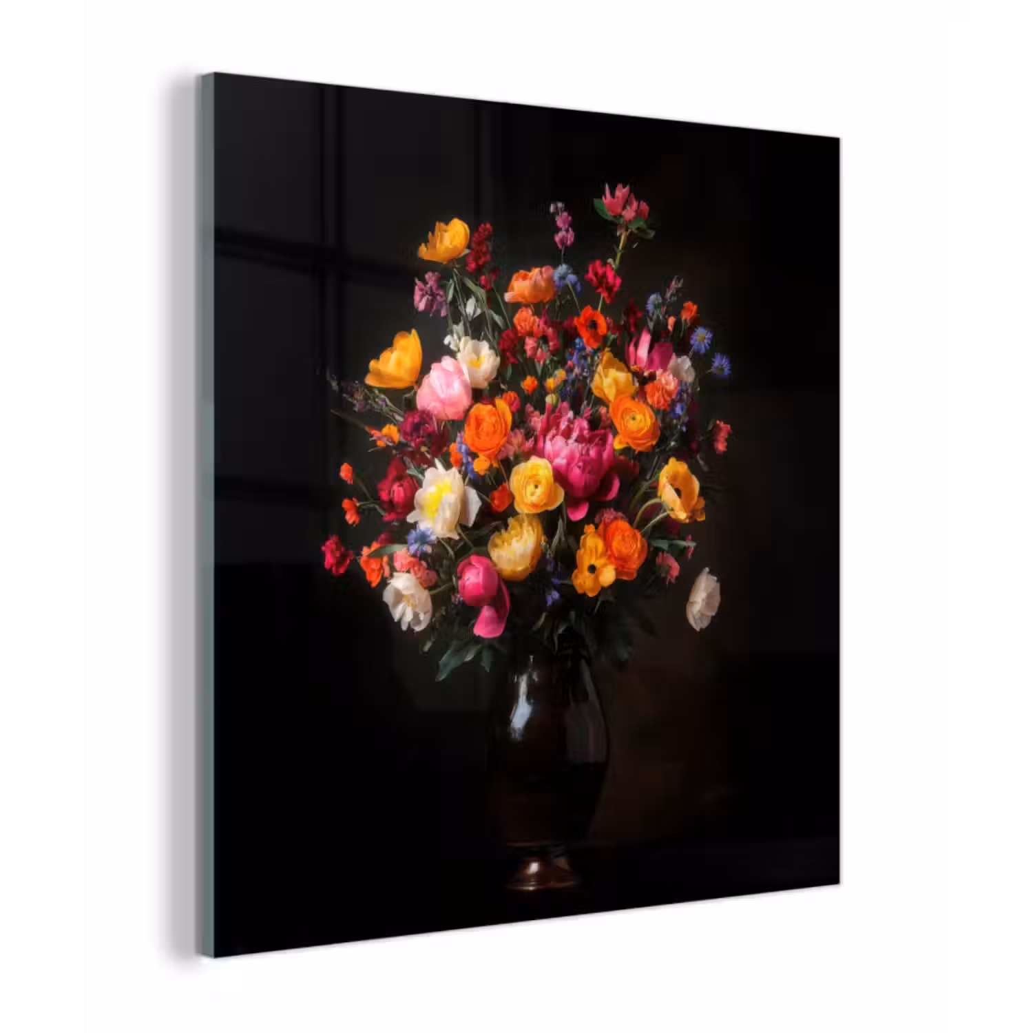 Glas schilderij - Kleurrijk - Boeket - Vaas - Donkerbruin