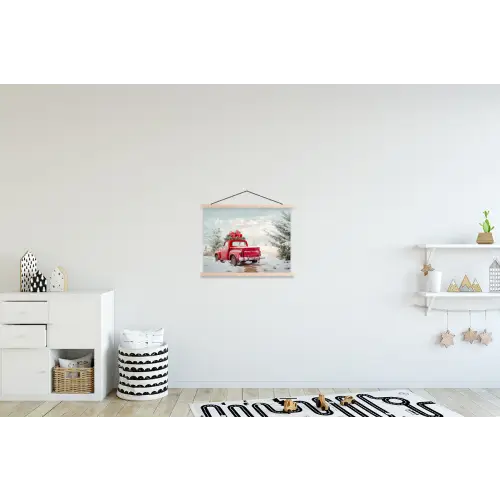 Auto - Rood - Cadeaus - Winter - Sneeuw - Kerst textielposter latten blank klein -kinderkamer