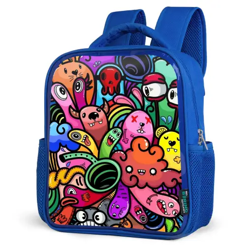 Vrolijke Monsterchaos Kinderrugzak - Blauw middel -schuin