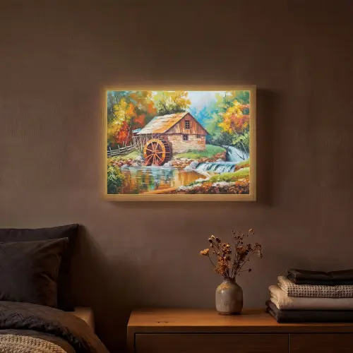 Landschap - Schilderij - Huis - Kunst - Herfst Light Box met batterij (Wandlamp) middel -sfeer4