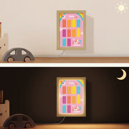 Tafels van vermenigvuldiging - Leren rekenen voor kinderen - Cijfers oefenen - Eenhoorn - Roze Light Box met kabel (Wandlamp kind) klein -sfeer3_kind