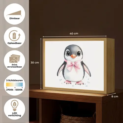 Pinguïn - Strikje - Roze - Dier Light Box met batterij (Wandlamp kind) middel -USP_websiteoverzichtNL