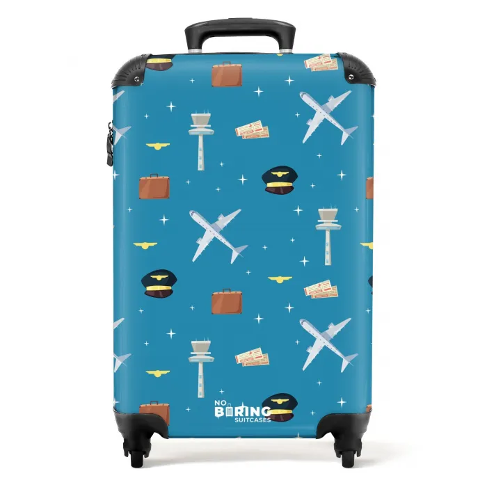Luchtvaartthema met vliegtuigen op blauwe achtergrond NBS - Handbagage koffer - Kinderen Unisex middel -productfoto_recht