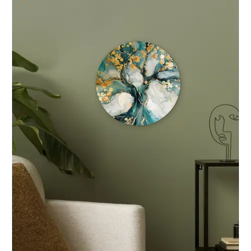 Boom - Modern - Verflook - Turquoise - Goud Wandcirkel kunststof plaat 5mm dik klein -sfeer3