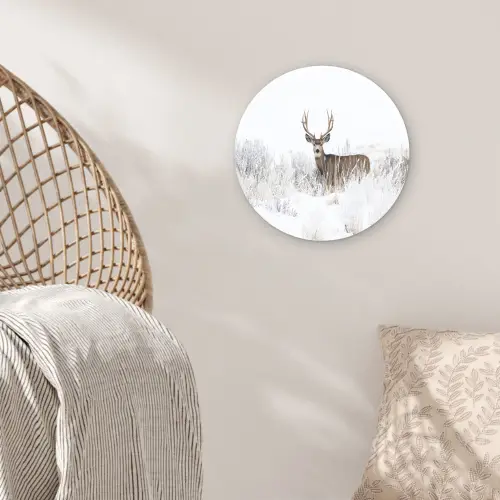 Hert - Winter - Sneeuw - Dieren - Seizoenen - Wit Wandcirkel kunststof plaat 5mm dik klein -sfeer5