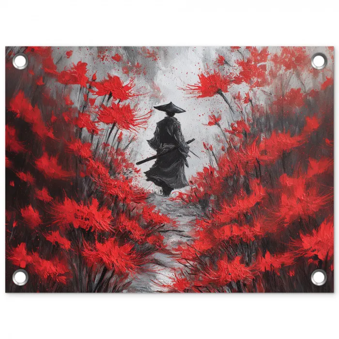 Rode bloemen - mistig - Man tuinposter los doek klein -3d