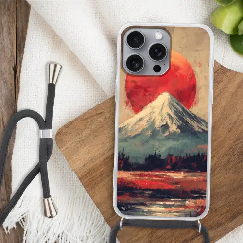 Bergtop - Sneeuw - Zon Hoesje iPhone 16 Pro Max met koord klein -sfeer4