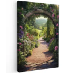 Doorkijk - Bloemen - Natuur - Rozenboog Tuinposter op houten frame 2 cm dik klein -3d