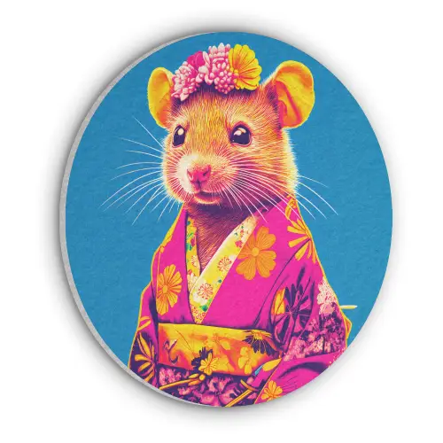 Muis - Kimono - Bloemen - Blauw Akoestische PET Vilt - Rond klein -3d