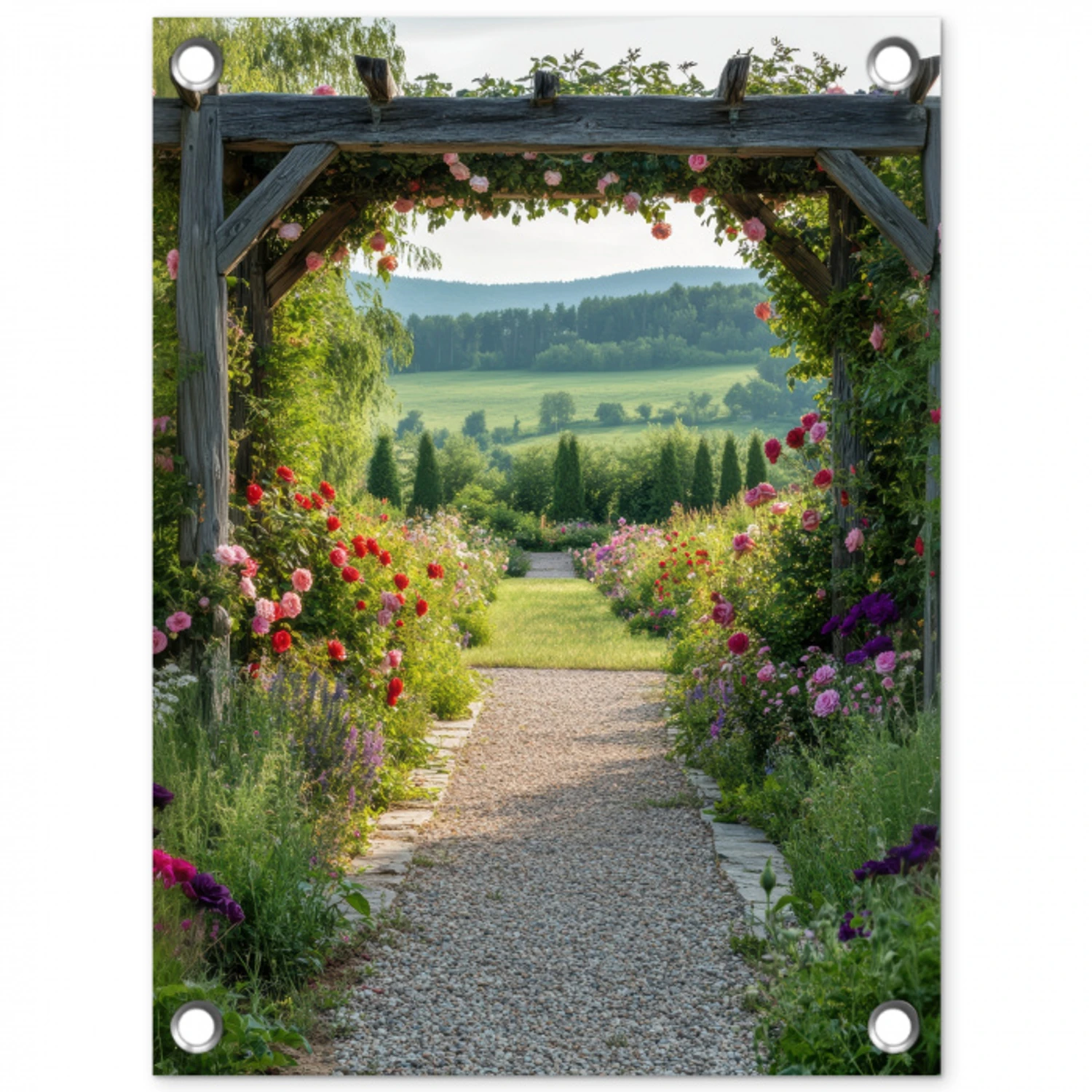 Doorkijk - Landschap - Natuur - Tuinboog - Bloemen tuinposter los doek klein -3d