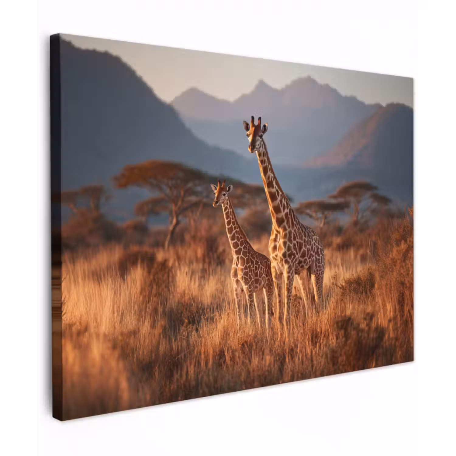 Leinwandbild - Giraffen - Hohes Gras - Akazienbäume