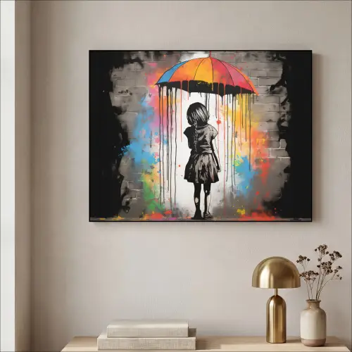 Meisje - Kunst - Paraplu - Graffiti - Kleuren - Muur Textielframe zwart klein -sfeer2