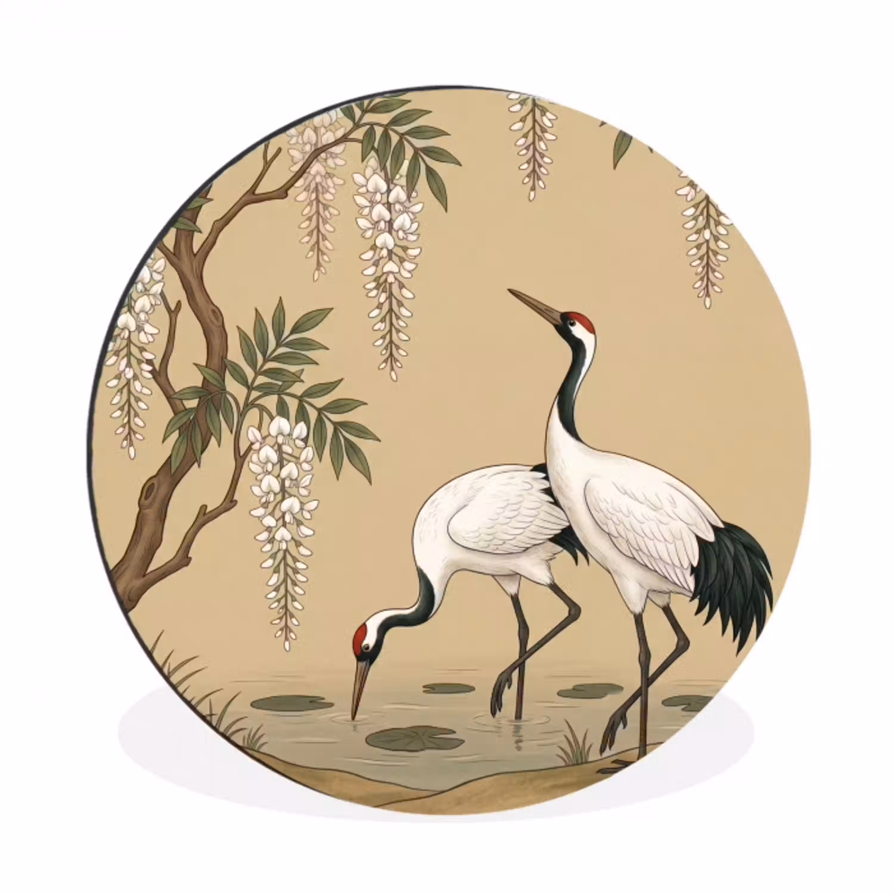 Kraanvogels - Water - Beige Wandcirkel aluminium klein -3d