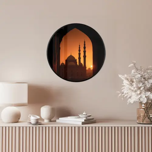 Moskee - Oranje lucht - Islamitisch Fotolijst rond zonder passe partout klein -sfeer3